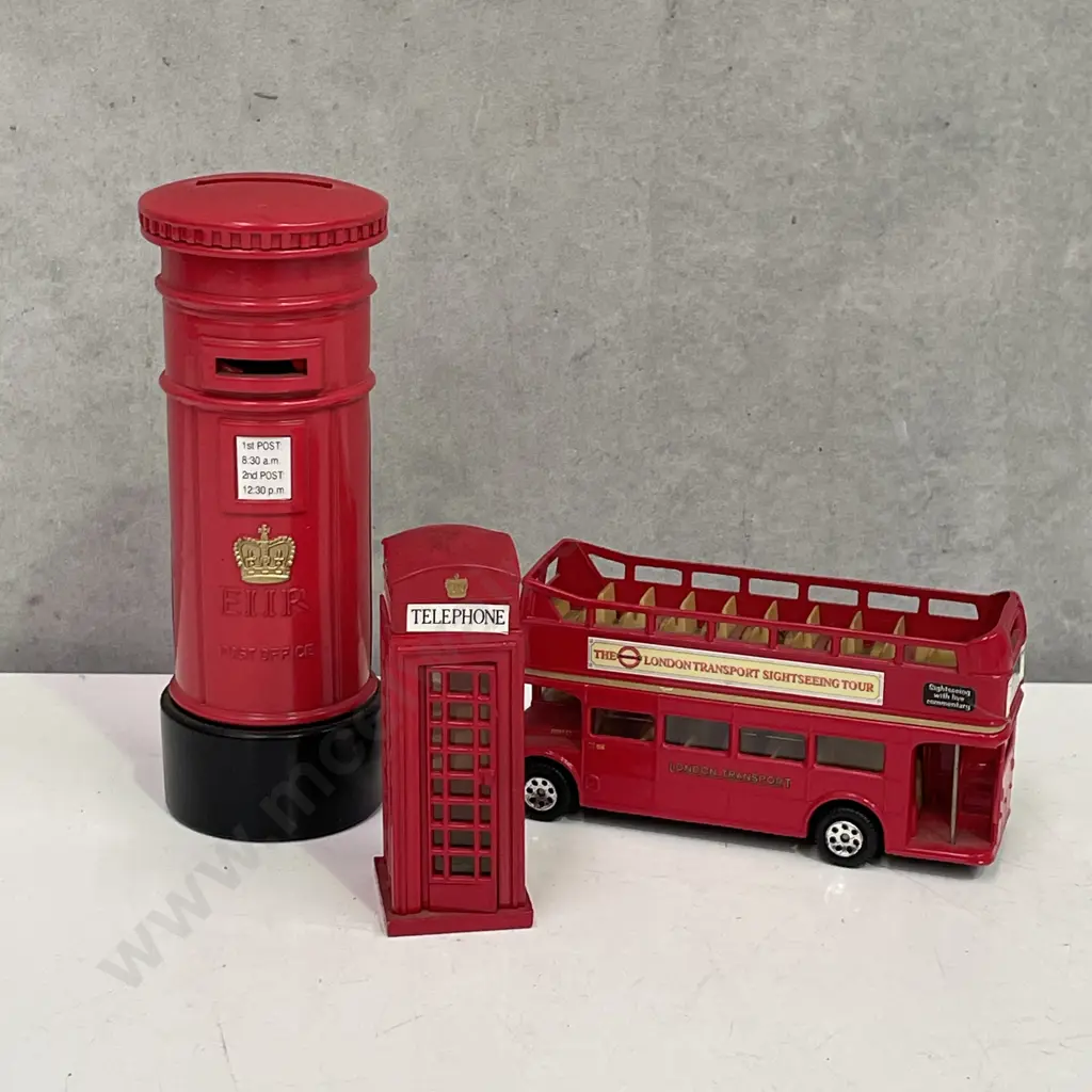 UK English London Bus, Telephone Box and Post Office Money Box Image 1++