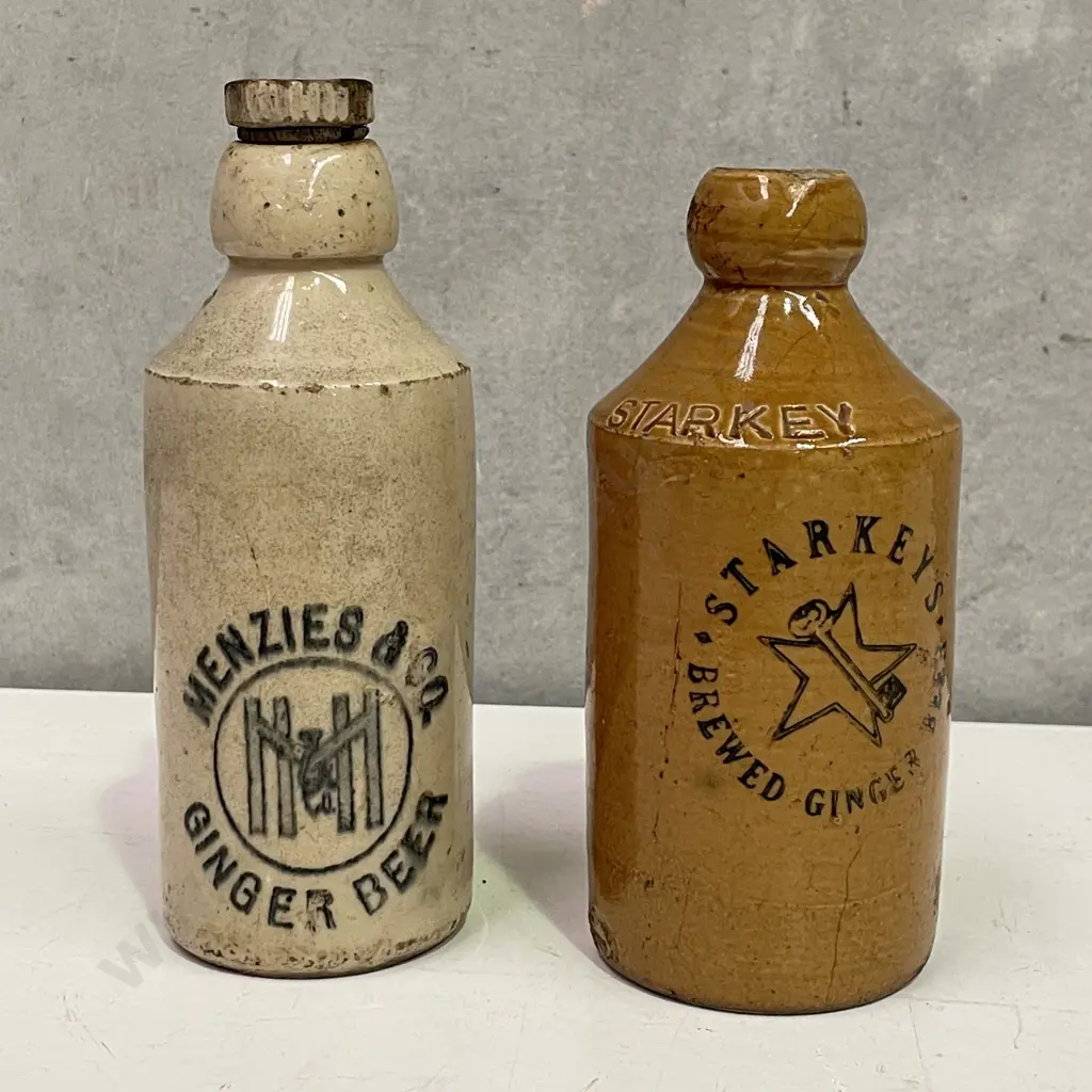 Vintage Starkey's Stoneware Bottle with Menzies & Co Ginger Beer bottle Image 1++