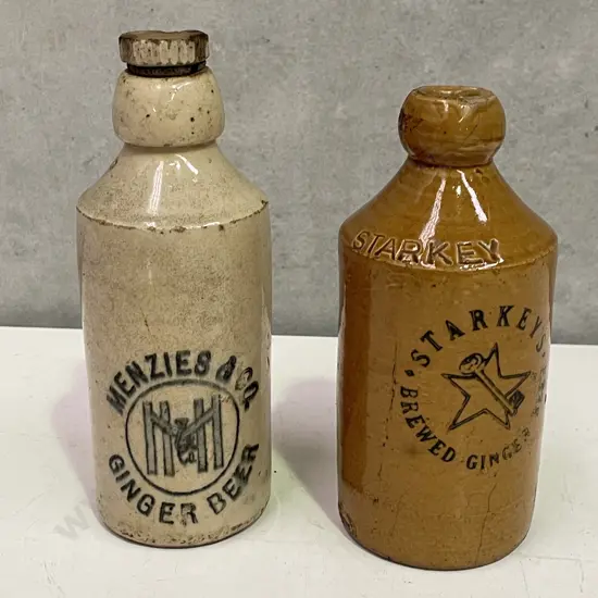 Vintage Starkey's Stoneware Bottle with Menzies & Co Ginger Beer bottle