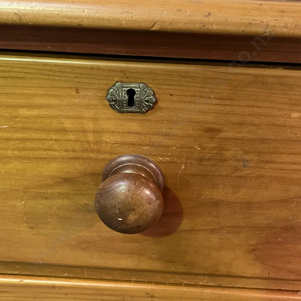 Antique Solid Kauri 5 Drawer Chest/Tallboy. Brass Key Holes, Round Handles H119cm W106cm, D46cm Image 1++