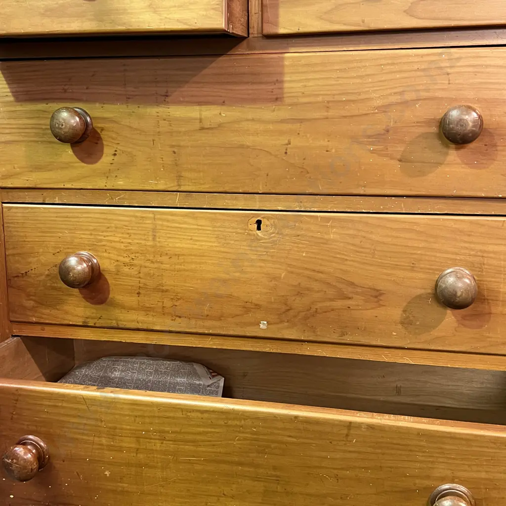 Antique Solid Kauri 5 Drawer Chest/Tallboy. Brass Key Holes, Round Handles H119cm W106cm, D46cm Image 1++