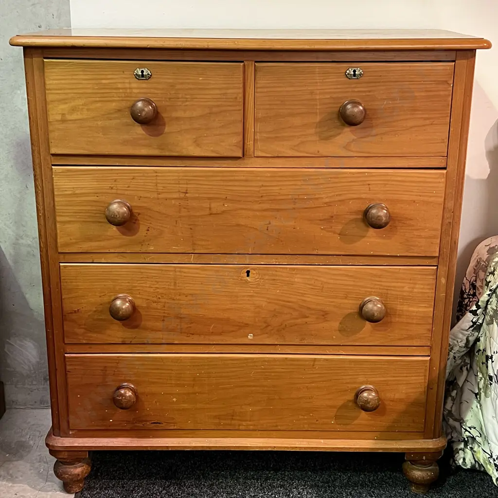 Antique Solid Kauri 5 Drawer Chest/Tallboy. Brass Key Holes, Round Handles H119cm W106cm, D46cm Image 1++