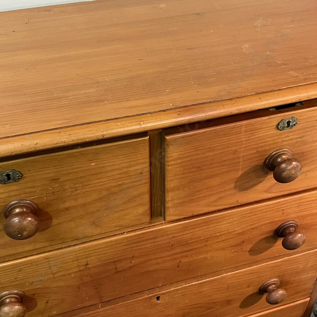 Antique Solid Kauri 5 Drawer Chest/Tallboy. Brass Key Holes, Round Handles H119cm W106cm, D46cm Image 1++