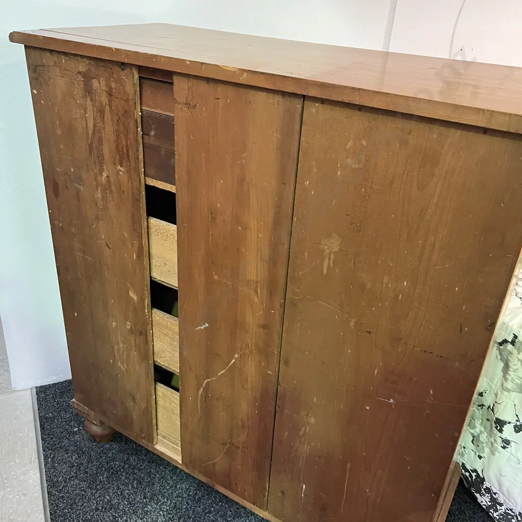 Antique Solid Kauri 5 Drawer Chest/Tallboy. Brass Key Holes, Round Handles H119cm W106cm, D46cm Image 1++