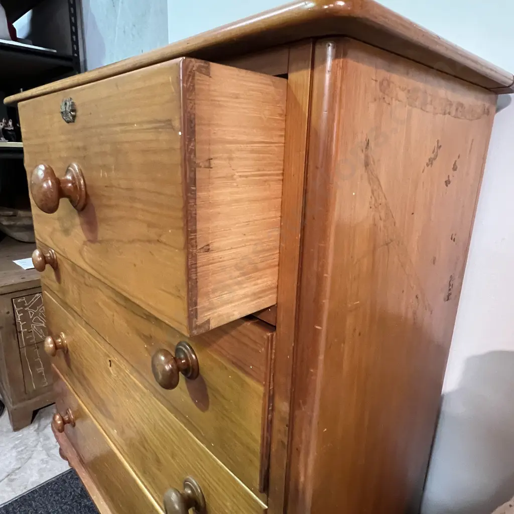 Antique Solid Kauri 5 Drawer Chest/Tallboy. Brass Key Holes, Round Handles H119cm W106cm, D46cm Image 1++