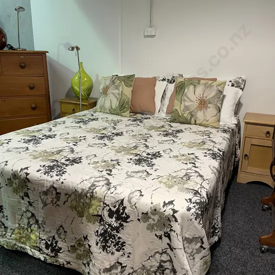 Queen Bed and Base, with "The Support Mattress" 200 x 150cm, with Linen and Pillows