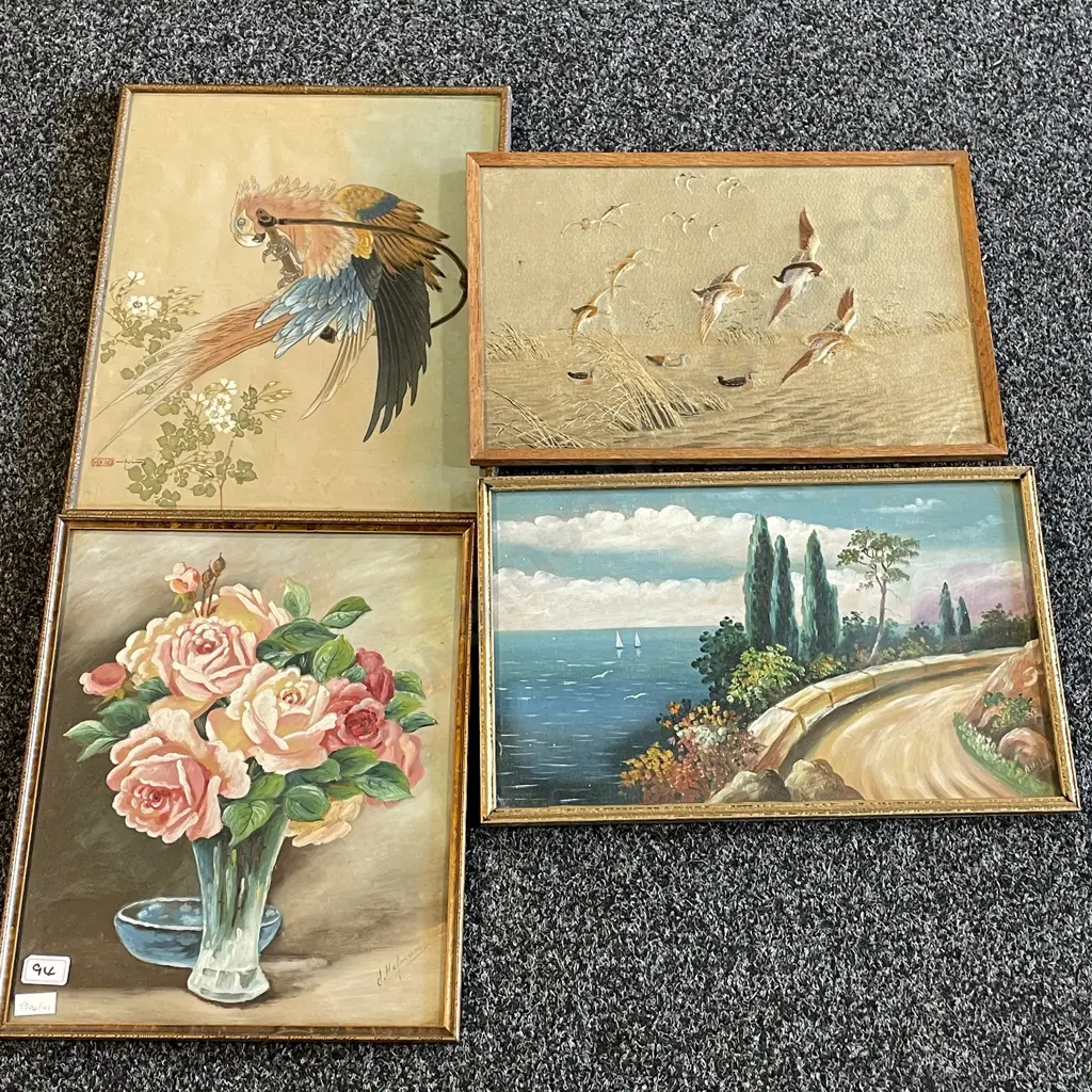 Four Vintage Framed Artworks including Needlework and Silk Painting Image 1++