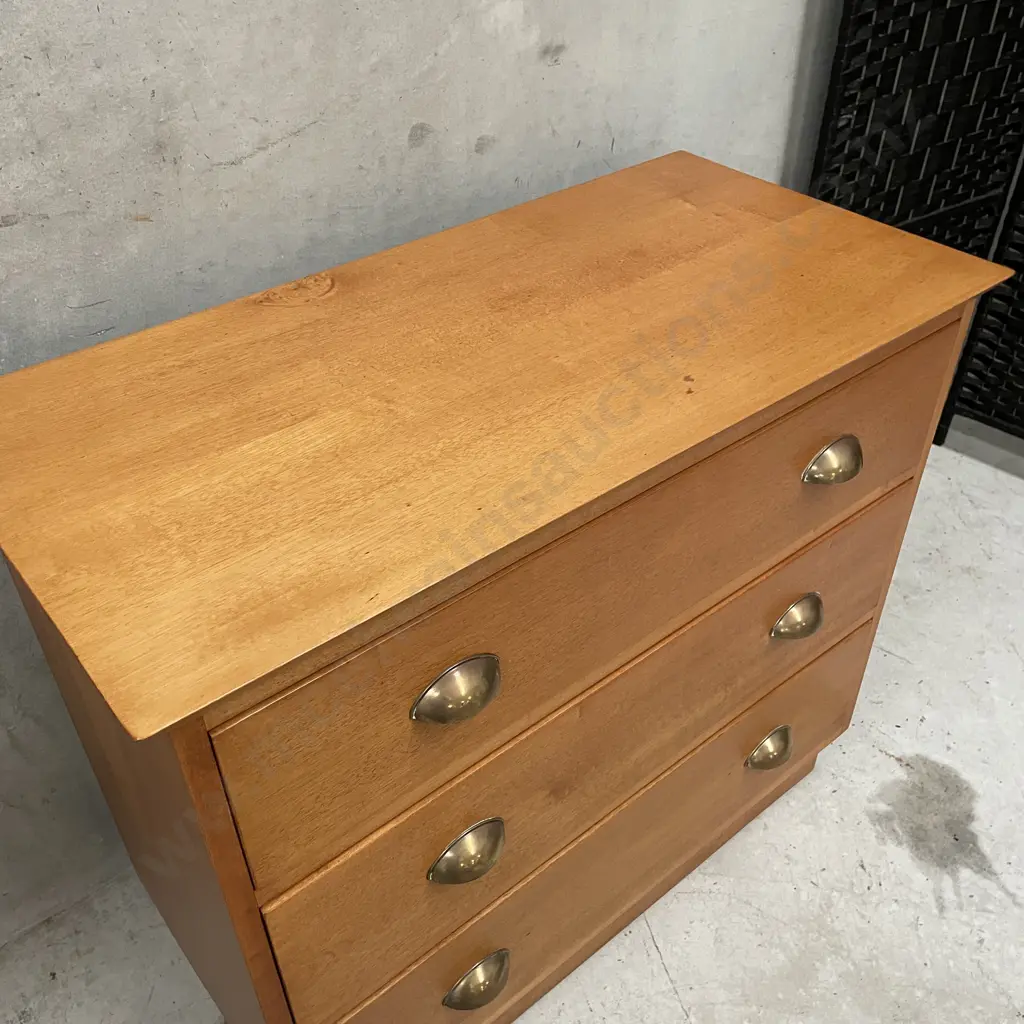 Solid Matai? 3 Drawer Lowboy with Original half moon brass handles H74 W86 D43cm Image 1++