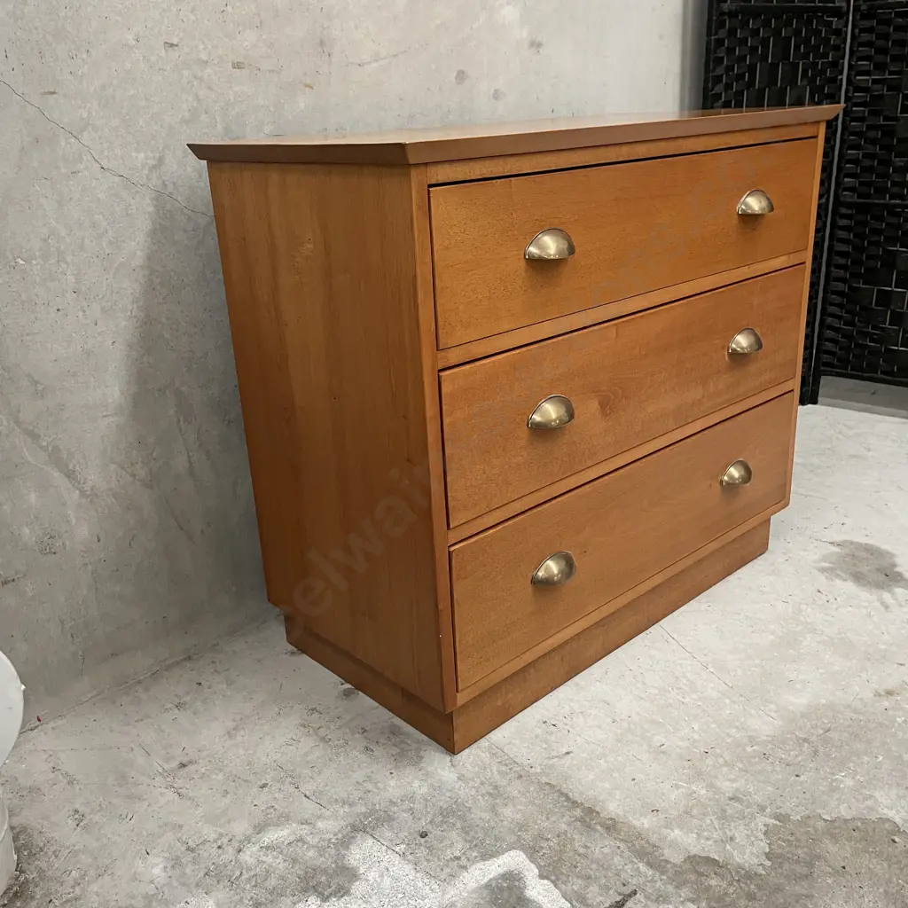 Solid Matai? 3 Drawer Lowboy with Original half moon brass handles H74 W86 D43cm Image 1++