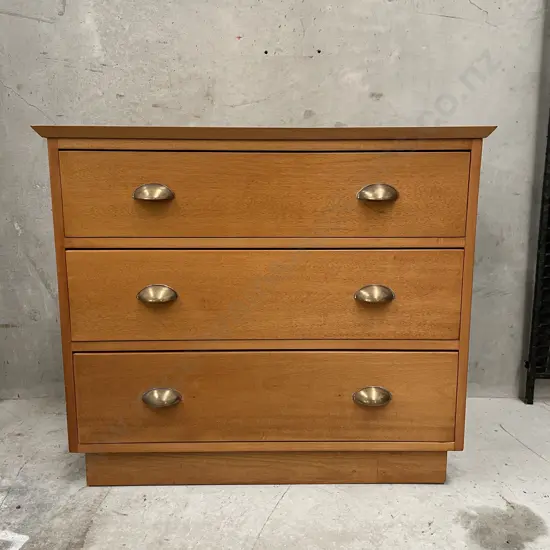Solid Matai? 3 Drawer Lowboy with Original half moon brass handles H74 W86 D43cm