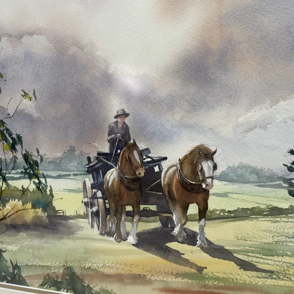 Framed Original Watercolour signed Pat Williams 1950's "Te Puna" Farmscene 81 x 68cm Image 1++