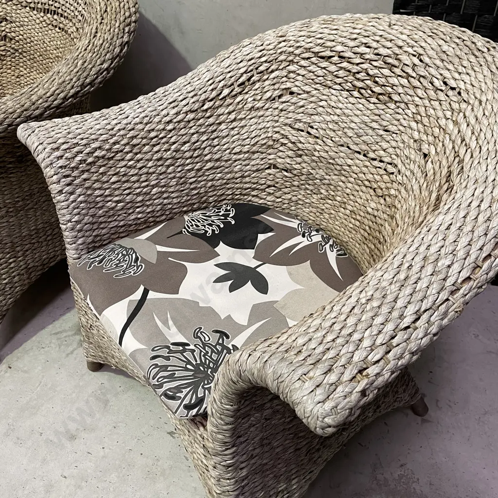 Pair of Rattan patio Chairs with Fabric Squabs Image 1++