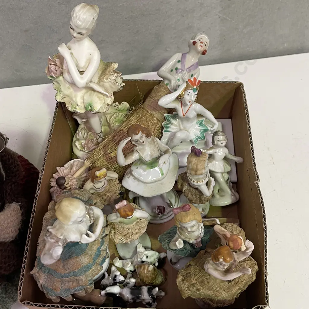 Box of Assorted Ballerina Figurines with Vintage Tea Cosy, Teapot and 1/2 doll Image 1++