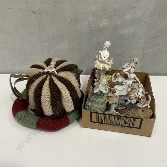 Box of Assorted Ballerina Figurines with Vintage Tea Cosy, Teapot and 1/2 doll