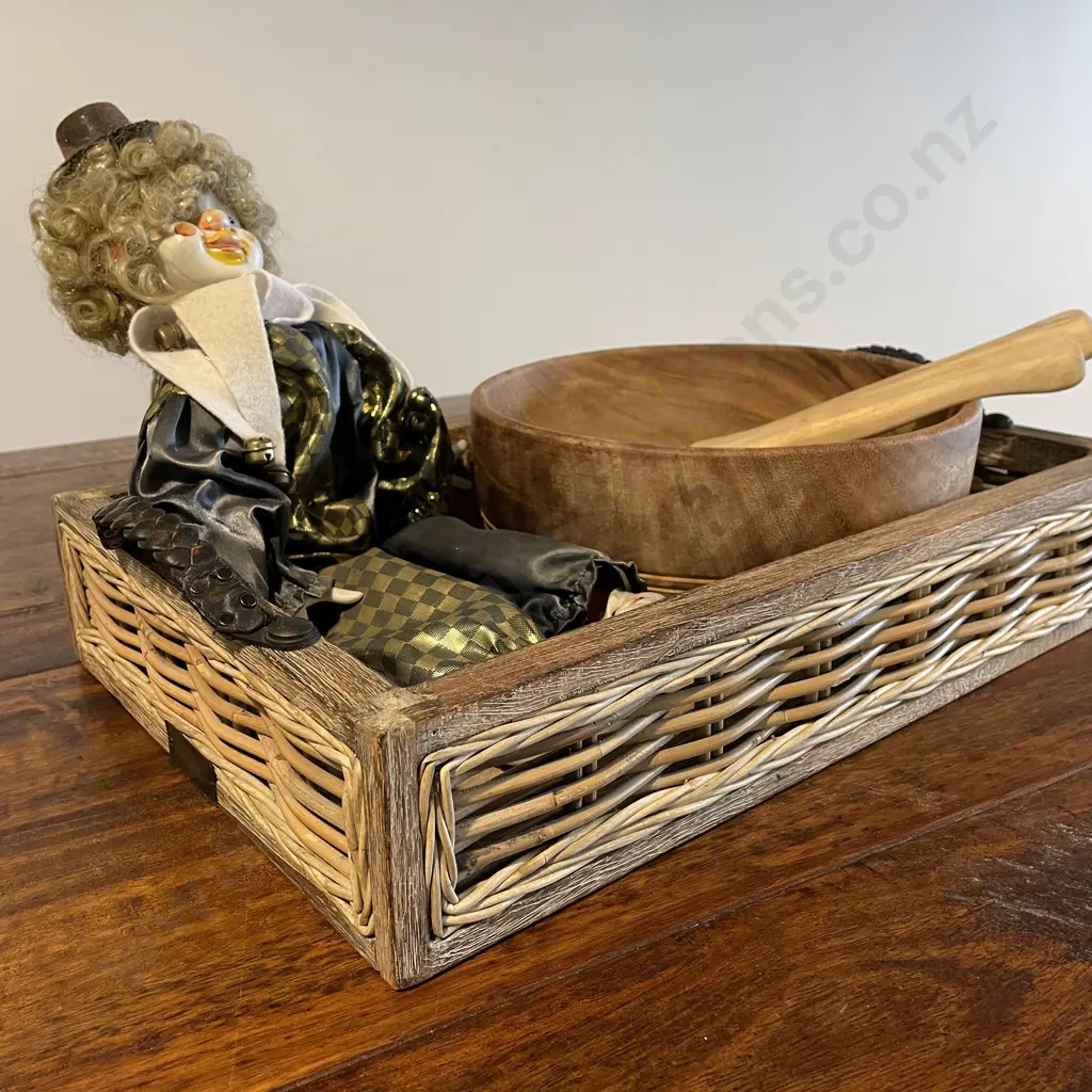 Rustic Two handled wooden/wicker tray with Salad bowl and servers and Ceramic Clown Doll DONATED Image 1++