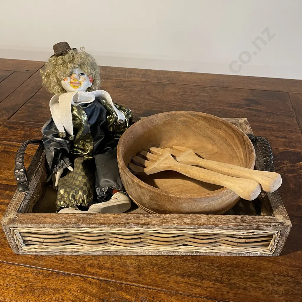 Rustic Two handled wooden/wicker tray with Salad bowl and servers and Ceramic Clown Doll DONATED Image 1++