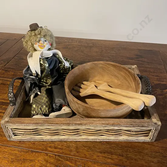 Rustic Two handled wooden/wicker tray with Salad bowl and servers and Ceramic Clown Doll DONATED