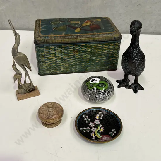 Vintage Collectable items including Bronze Duck, Cloisonne, Tin etc