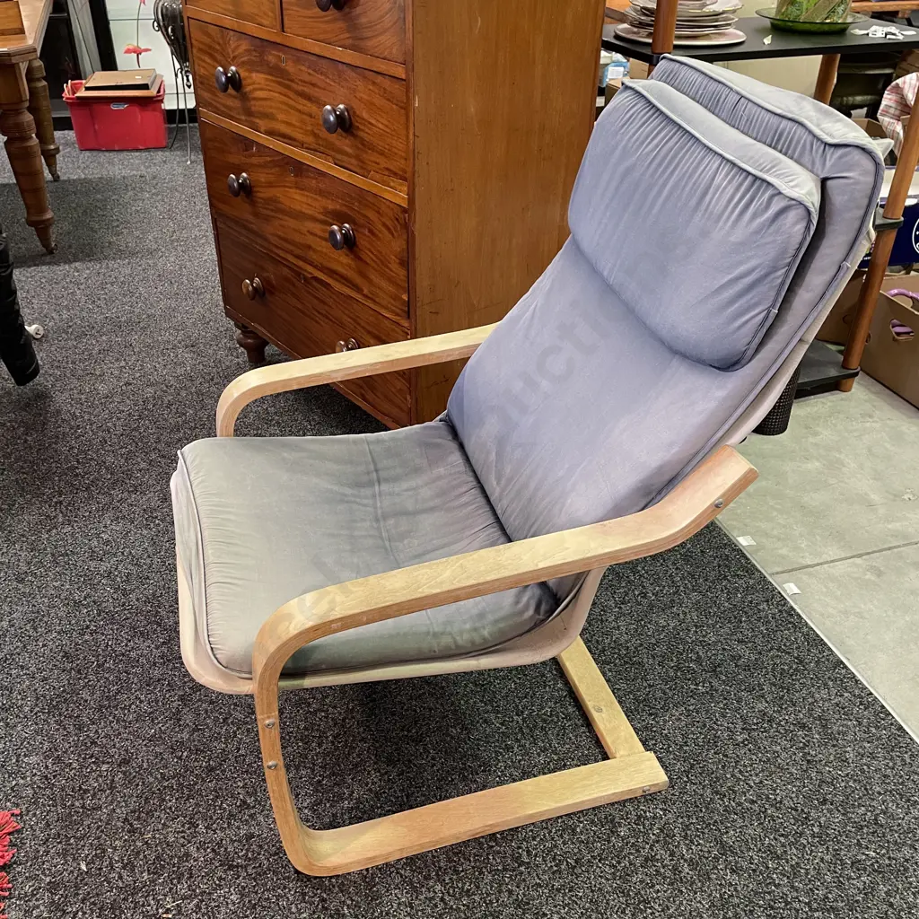 Mocha Mid Century Style Armchair. Comes with faded blue removal squab Image 1++