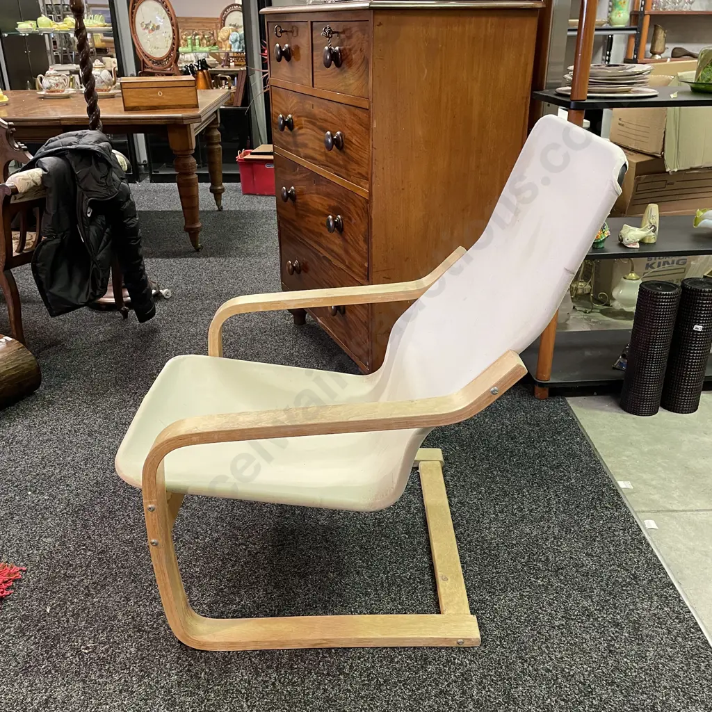 Mocha Mid Century Style Armchair. Comes with faded blue removal squab Image 1++