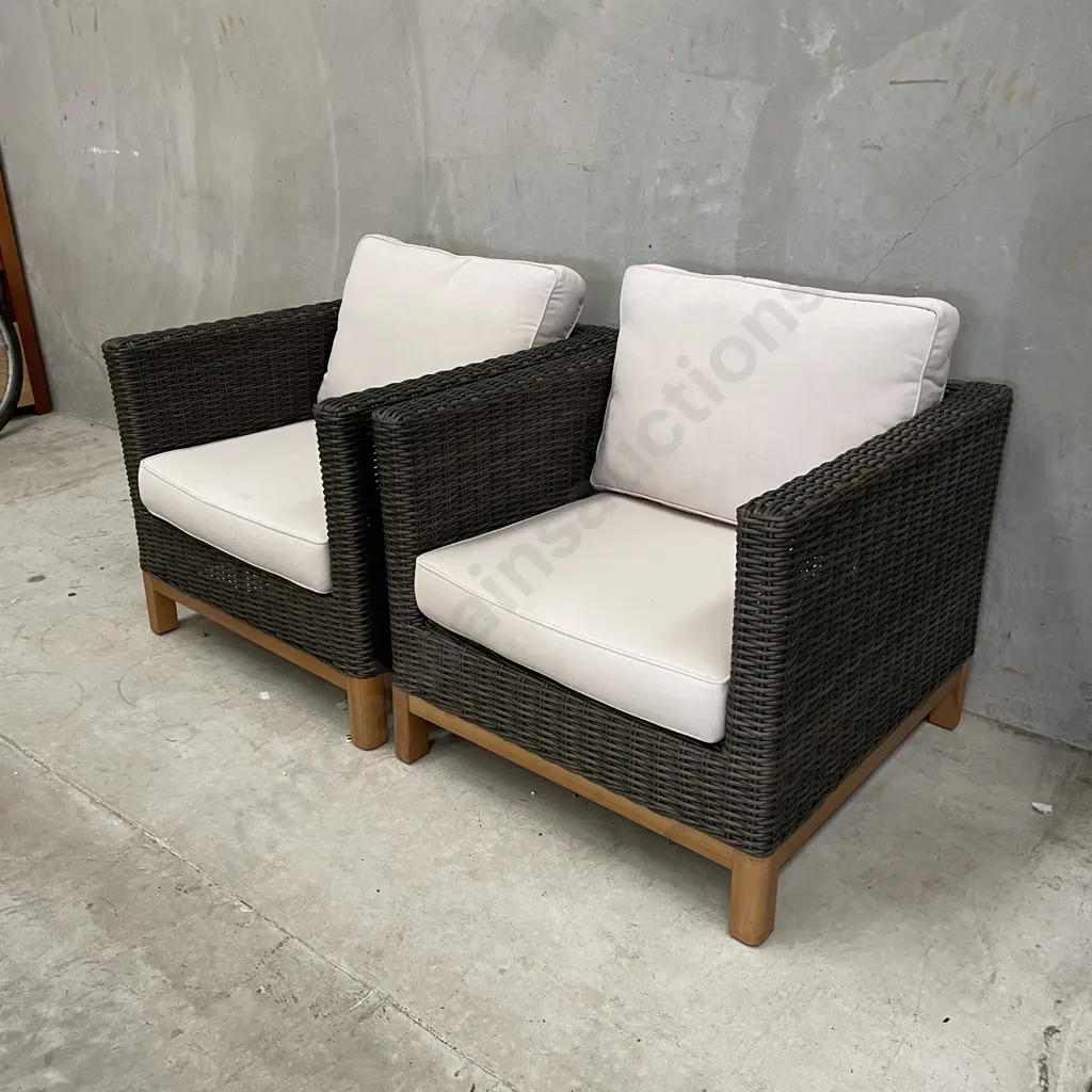 Pair of Grey Rattan Outdoor Chairs with Wooden Base and Ivory Coloured Squabs Image 1++