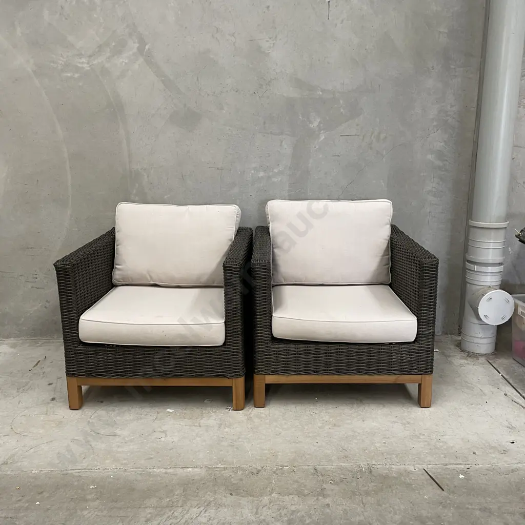 Pair of Grey Rattan Outdoor Chairs with Wooden Base and Ivory Coloured Squabs Image 1++