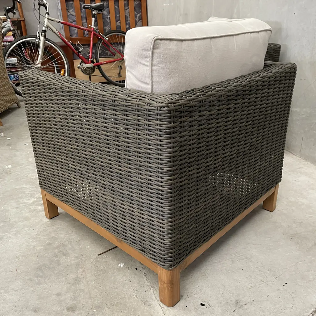 Pair of Grey Rattan Outdoor Chairs with Wooden Base and Ivory Coloured Squabs Image 1++