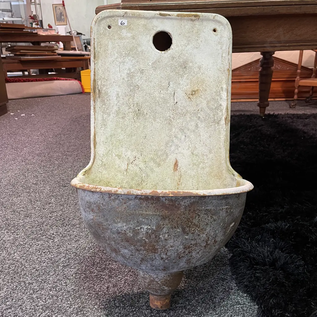 Antique Ornate Austrian Single Spout Wall Fountain, Original White Enamel With Rusty Accents. H73 W45 D25cm Image 1++