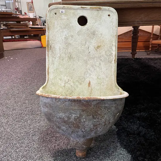 Antique Ornate Austrian Single Spout Wall Fountain, Original White Enamel With Rusty Accents. H73 W45 D25cm