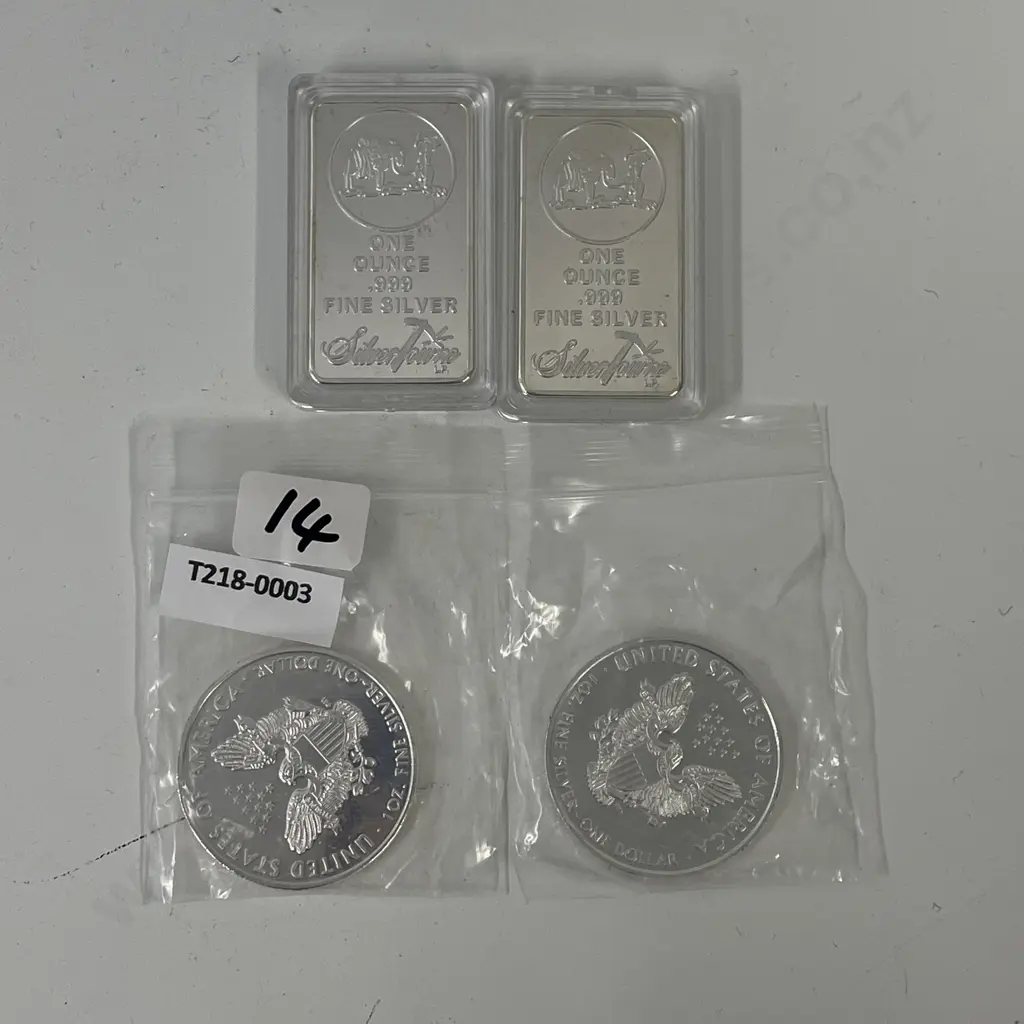 Collectors .999 Fine Silver Bars x 2 with USA Silver Dollar x 2 Image 1++