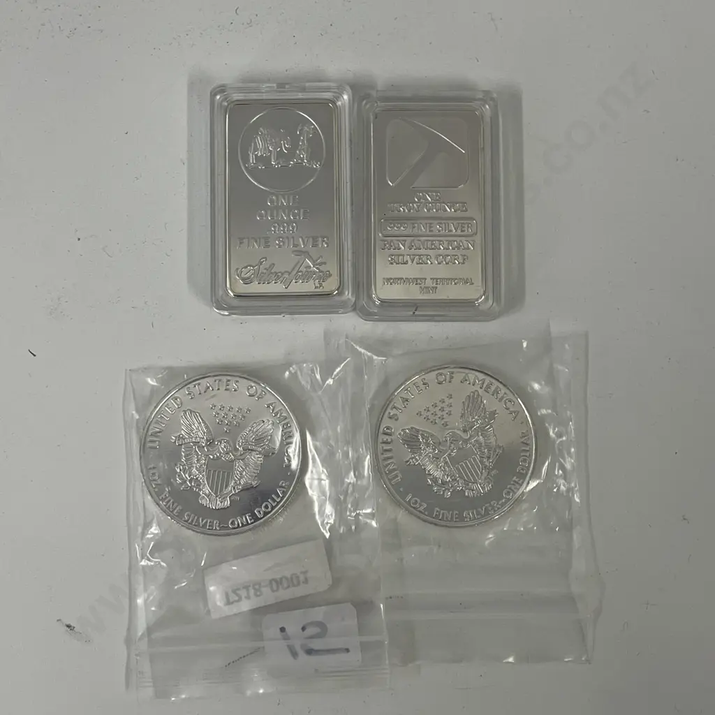 Collectors .999 Fine Silver Bars x 2 with USA Silver Dollar x 2 Image 1++