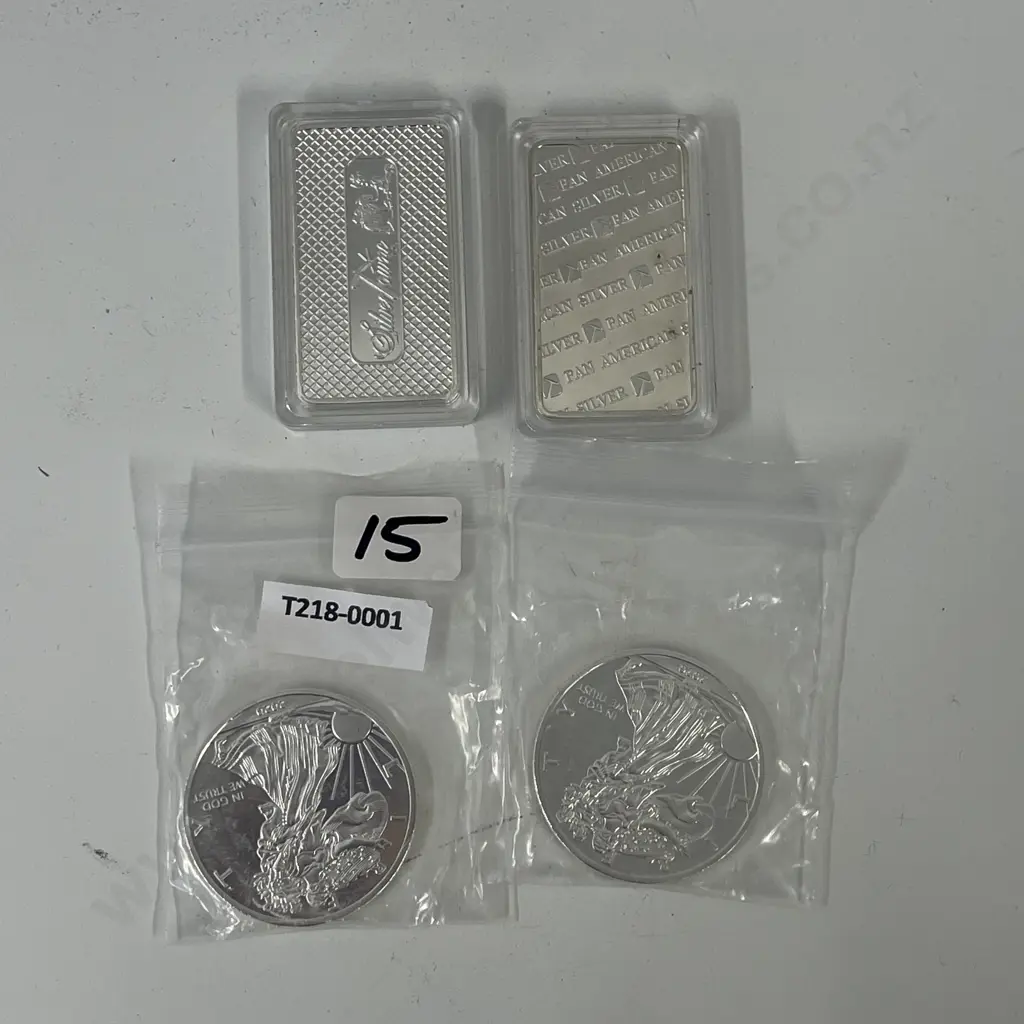 Collectors .999 Fine Silver Bars x 2 with USA Silver Dollar x 2 Image 1++