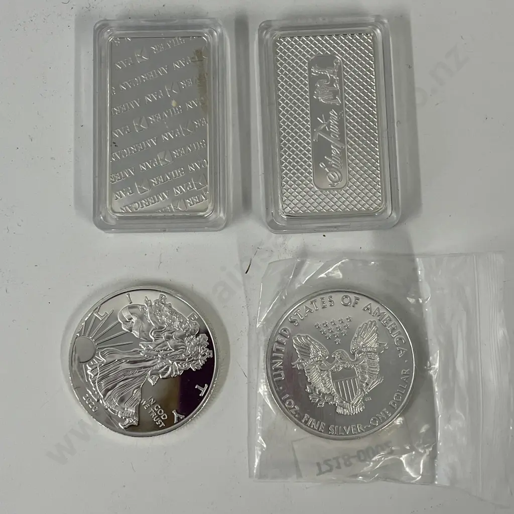 Collectors .999 Fine Silver Bars x 2 with USA Silver Dollar x 2 Image 1++