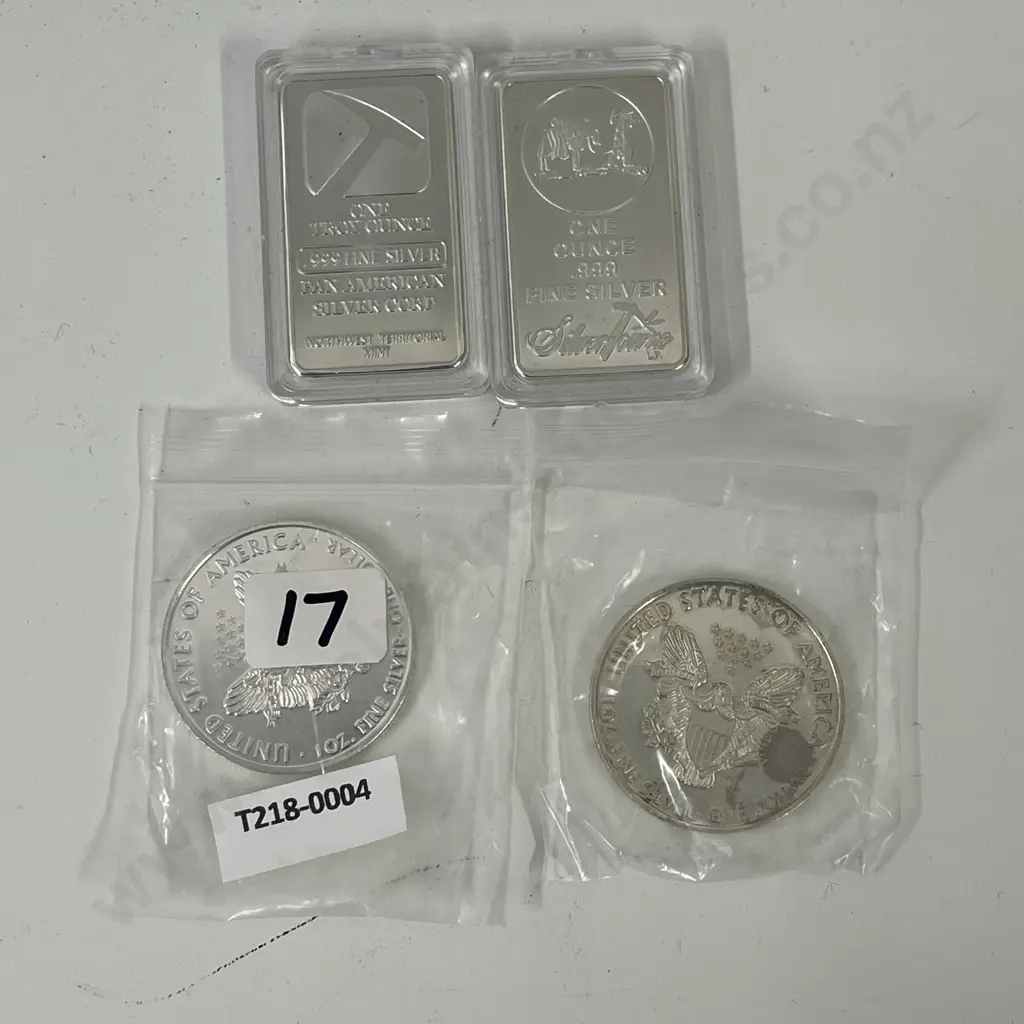 Collectors .999 Fine Silver Bars x 2 with USA Silver Dollar x 2 Image 1++