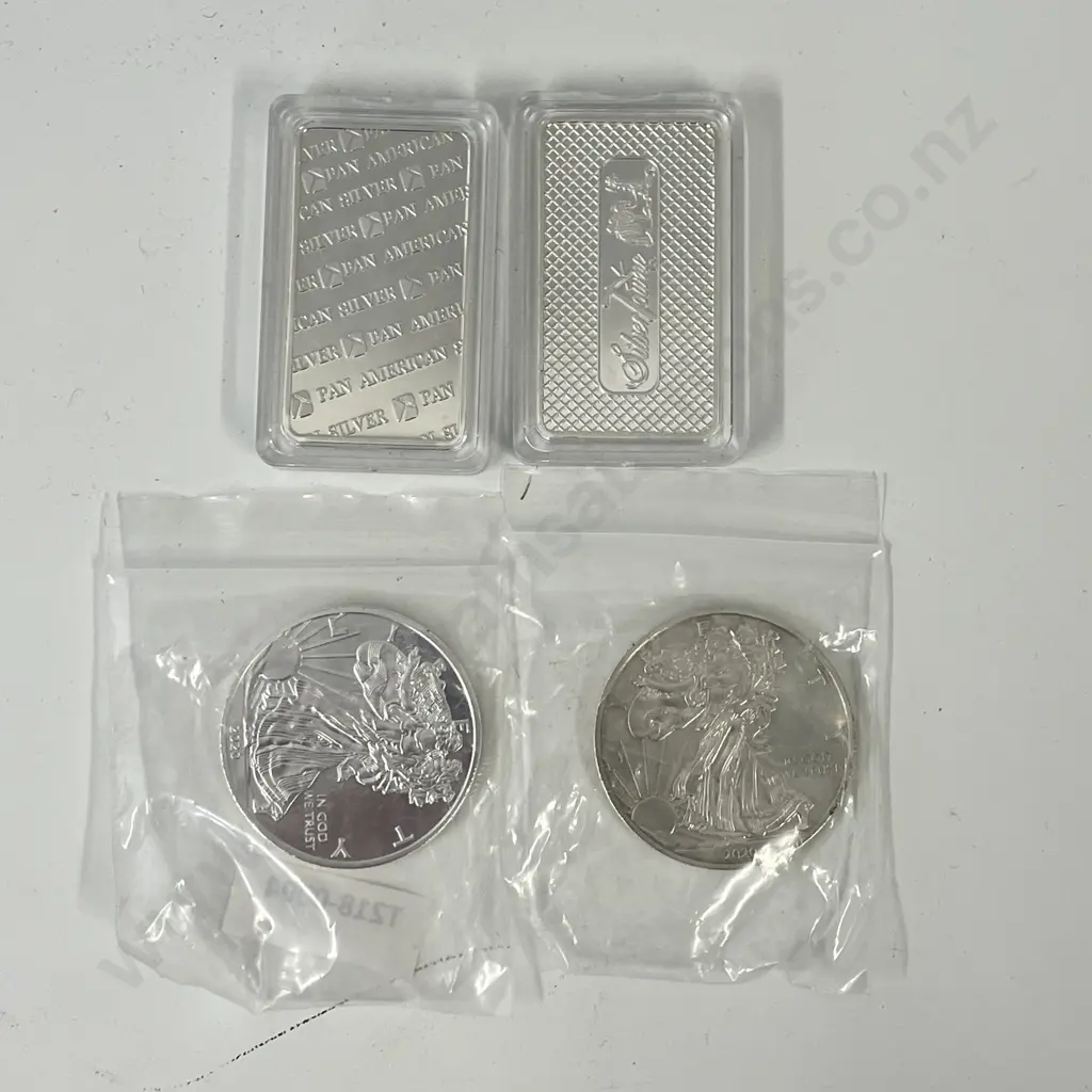 Collectors .999 Fine Silver Bars x 2 with USA Silver Dollar x 2 Image 1++