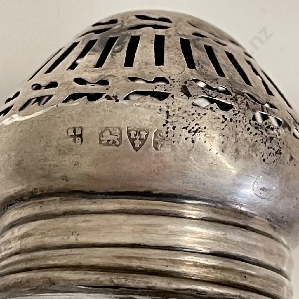 Antique Icing Sugar Shaker with Sterling Silver top with Antique Glass Pot with Sterling Silver Top Image 1++