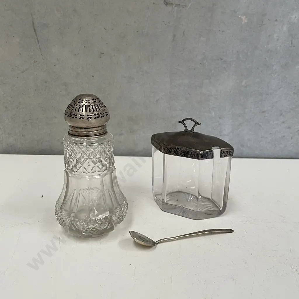 Antique Icing Sugar Shaker with Sterling Silver top with Antique Glass Pot with Sterling Silver Top Image 1++