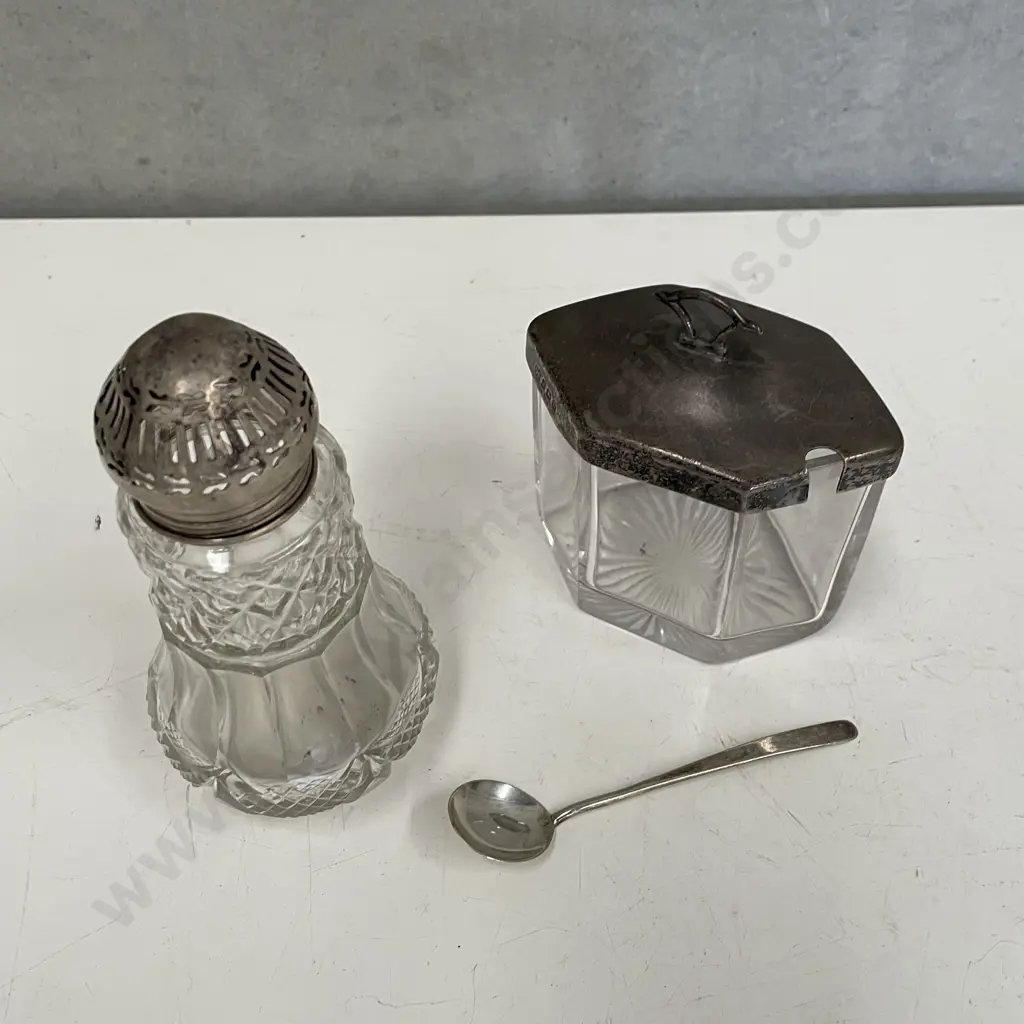 Antique Icing Sugar Shaker with Sterling Silver top with Antique Glass Pot with Sterling Silver Top Image 1++