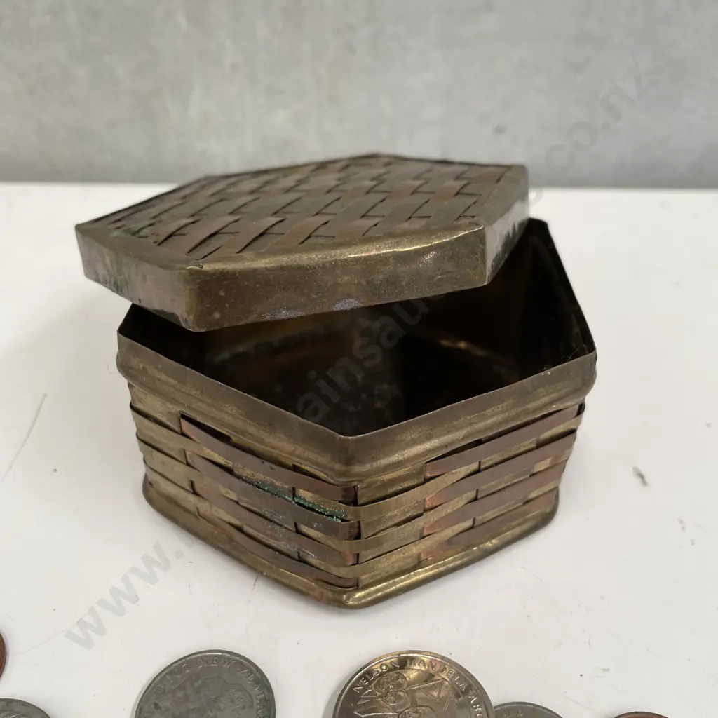 Vintage Copper and Brass Woven Box with Coins Image 1++