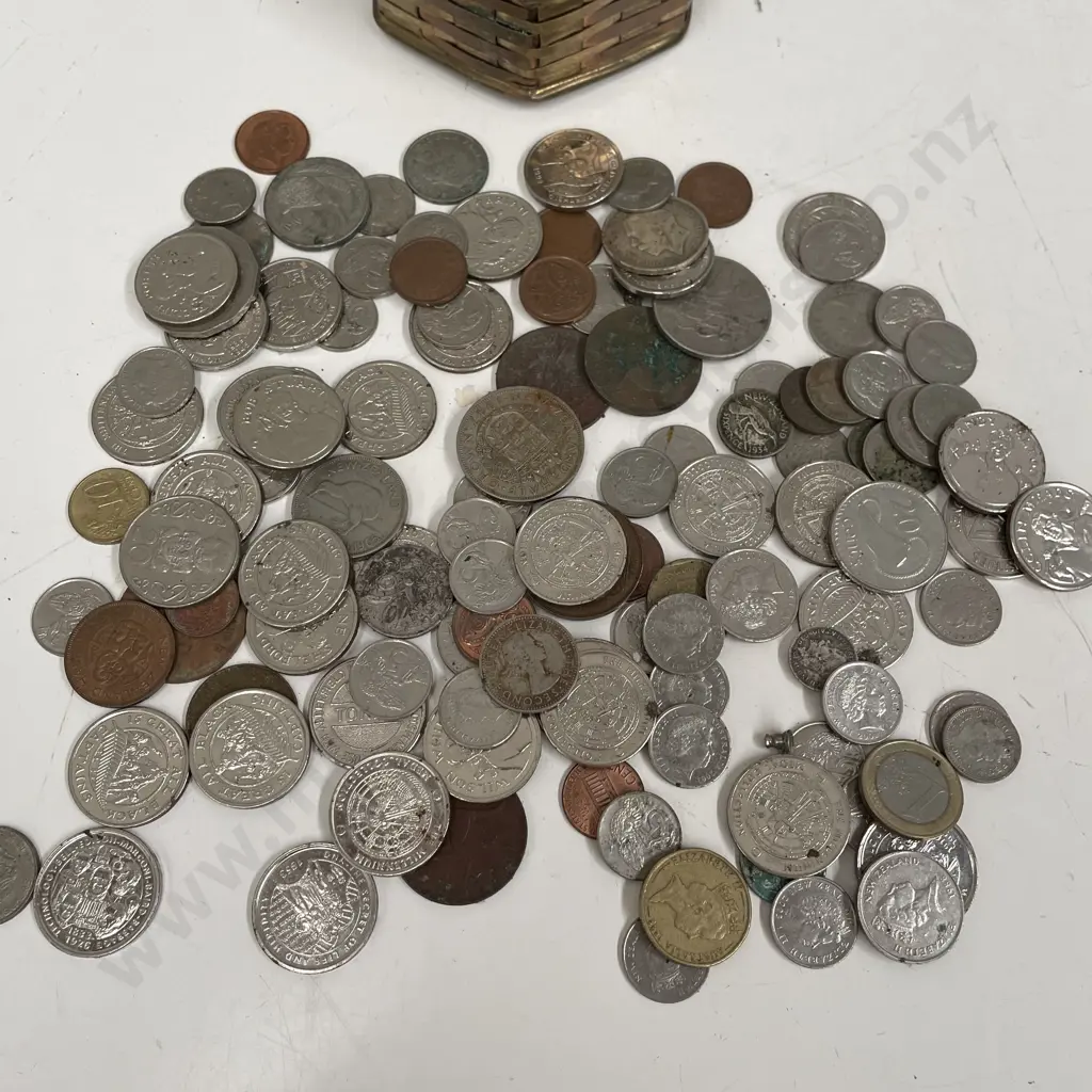 Vintage Copper and Brass Woven Box with Coins Image 1++