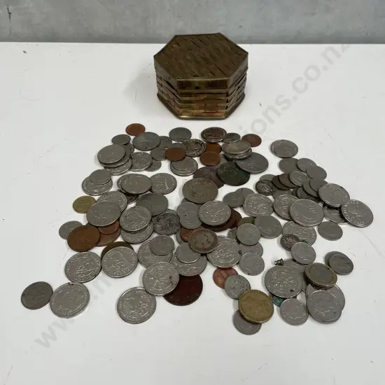 Vintage Copper and Brass Woven Box with Coins