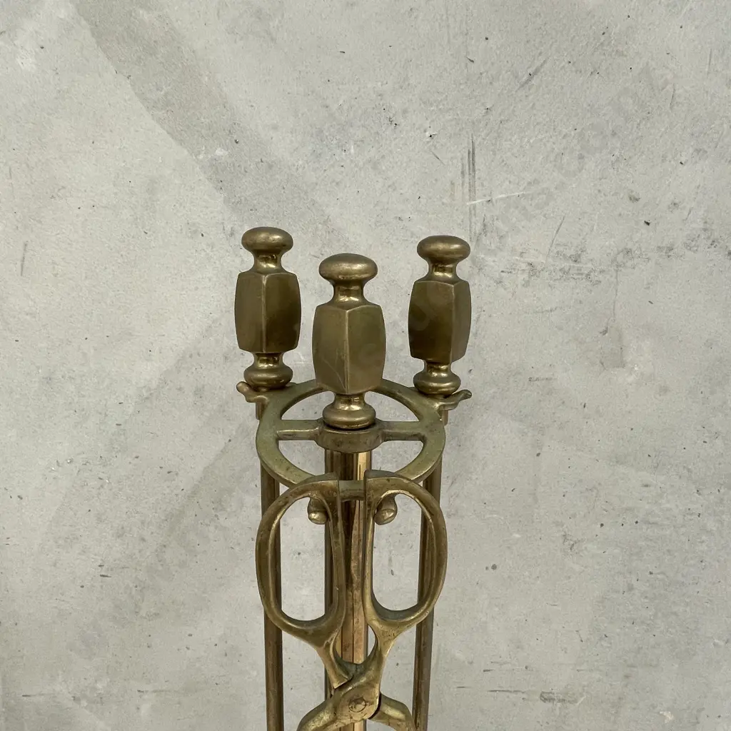 Vintage 4 Piece Arts and Crafts Solid Brass Fire Place Tool Set on Stand H64cm including poker in central column Image 1++
