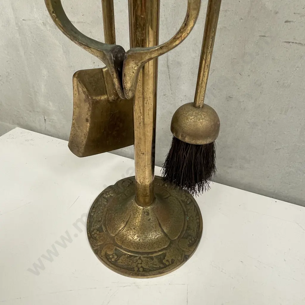 Vintage 4 Piece Arts and Crafts Solid Brass Fire Place Tool Set on Stand H64cm including poker in central column Image 1++