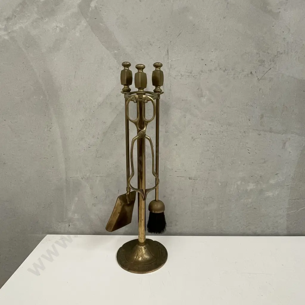 Vintage 4 Piece Arts and Crafts Solid Brass Fire Place Tool Set on Stand H64cm including poker in central column Image 1++