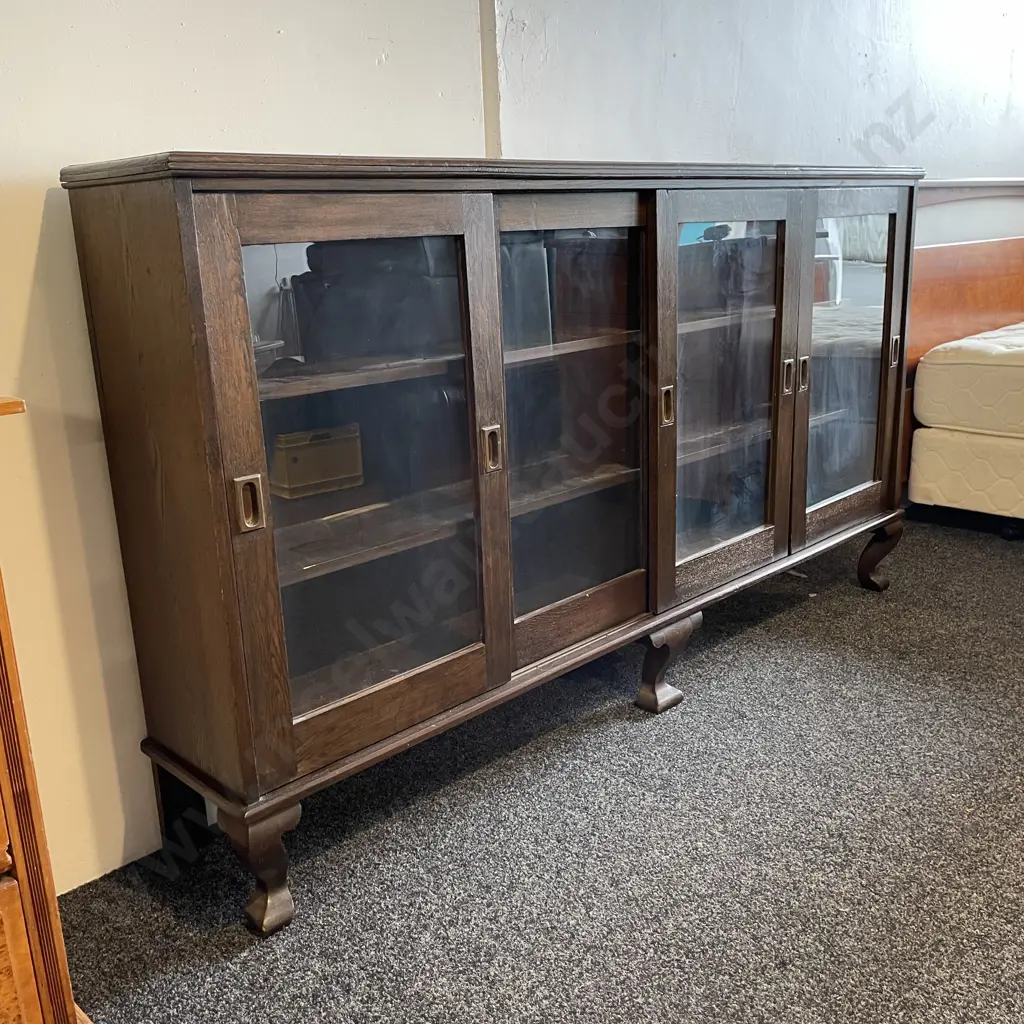 Antique Solid Oak Library Book Cabinet. 4 Sliding Glass doors, Wide 2 Metres, H111 D32cm Image 1++
