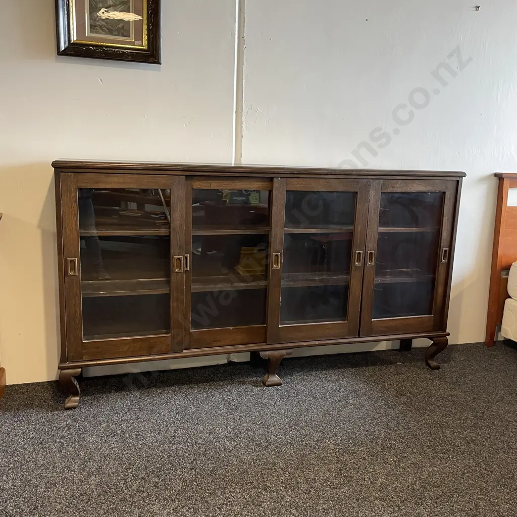 Antique Solid Oak Library Book Cabinet. 4 Sliding Glass doors, Wide 2 Metres, H111 D32cm Image 1++