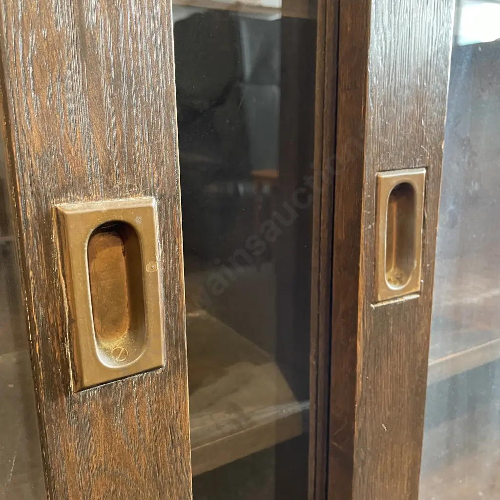 Antique Solid Oak Library Book Cabinet. 4 Sliding Glass doors, Wide 2 Metres, H111 D32cm Image 1++