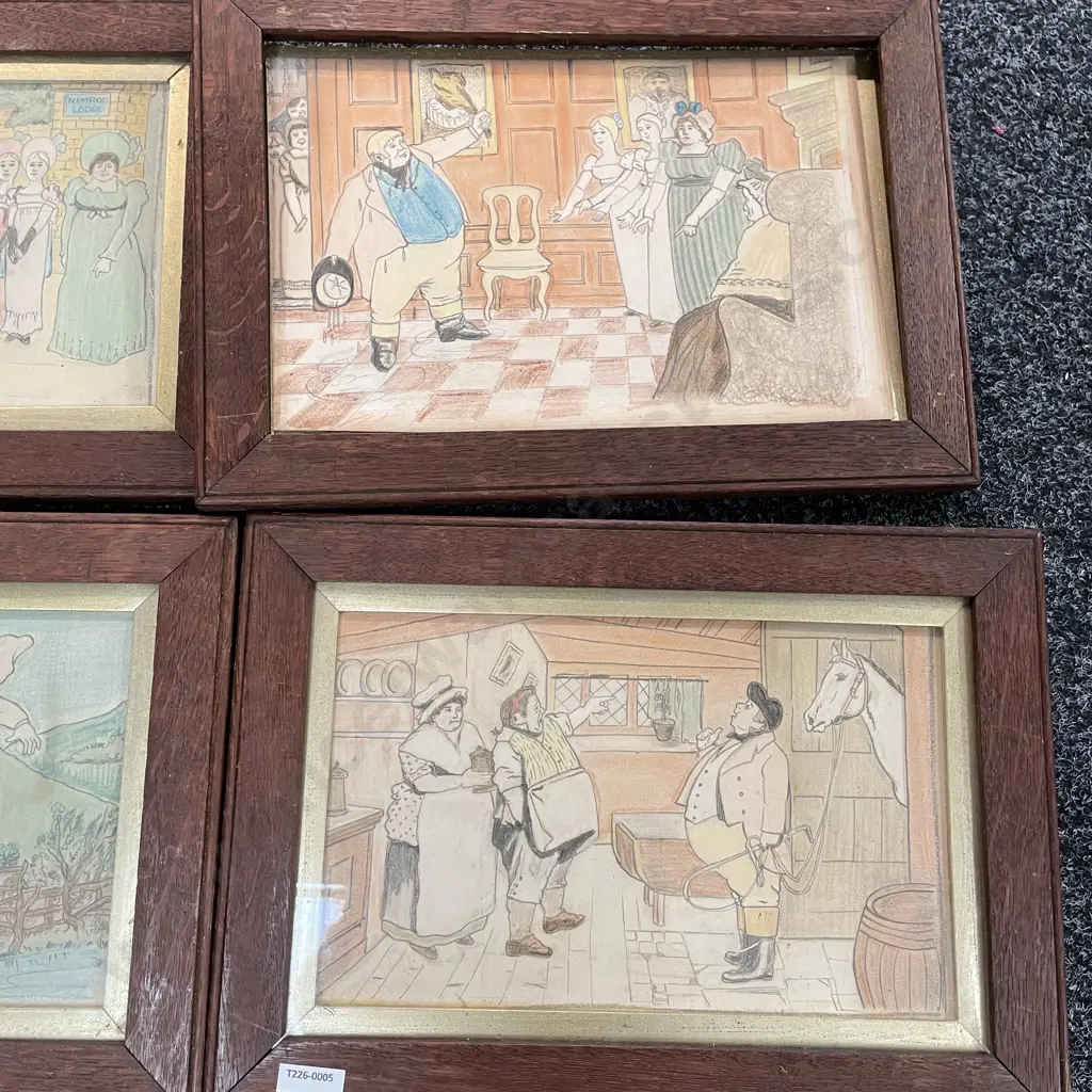 Set of 6 Vintage Oak Framed Glazed art works, comical scenes. 40 x 28cm incl frame. 1 unglazed Image 1++