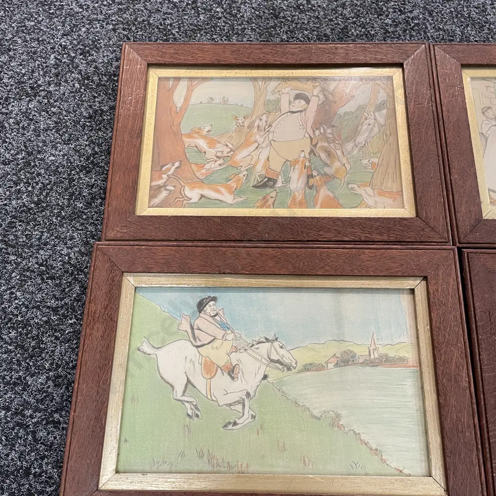 Set of 6 Vintage Oak Framed Glazed art works, comical scenes. 40 x 28cm incl frame. 1 unglazed Image 1++