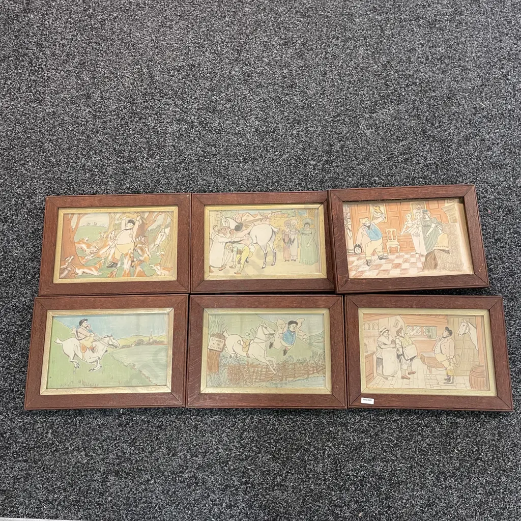 Set of 6 Vintage Oak Framed Glazed art works, comical scenes. 40 x 28cm incl frame. 1 unglazed Image 1++